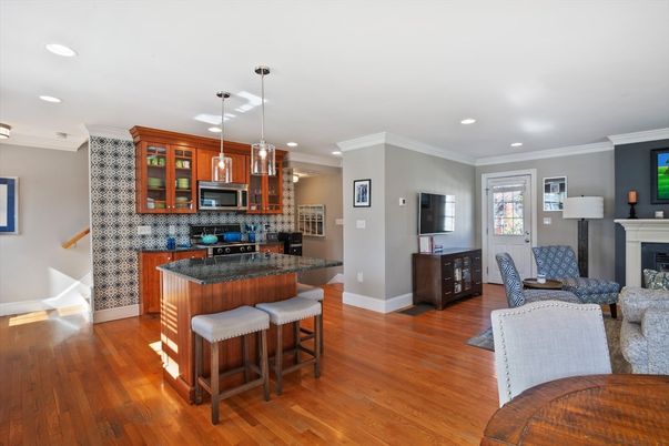 Fireplace, Interior, Kitchen, Pendant Lights, Recessed Lighting, Stainless Steel Appliances, Wood Texture Flooring
