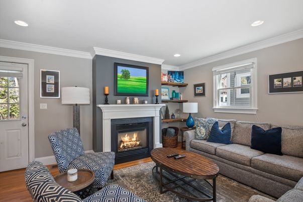 Fireplace, Interior, Living room, Recessed Lighting, Wood Texture Flooring
