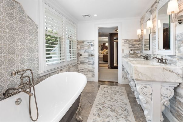 Bathroom, Dual Sink Vanities, Free Standing Baths, Interior, Marble Walls, Recessed Lighting