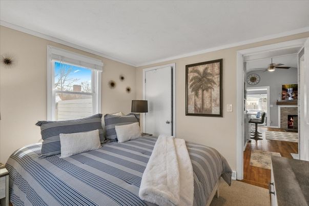Bedroom, Fireplace, Interior, Wood Texture Flooring