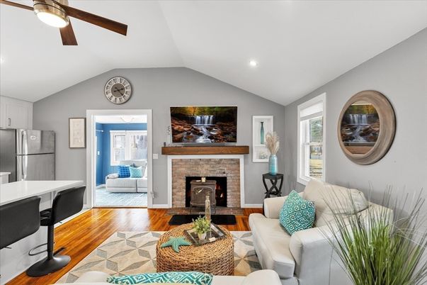 Fireplace, Interior, Kitchen, Living room, Recessed Lighting, Wood Texture Flooring