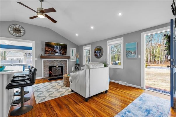 Fireplace, Interior, Living room, Recessed Lighting, Wood Texture Flooring