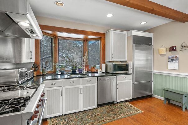 Interior, Kitchen, Recessed Lighting, Stainless Steel Appliances, Wooden Beams, Wood Texture Flooring