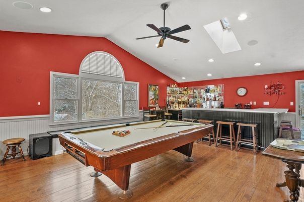 Billiard Table, Game Room, Interior, Recessed Lighting, Wood Texture Flooring
