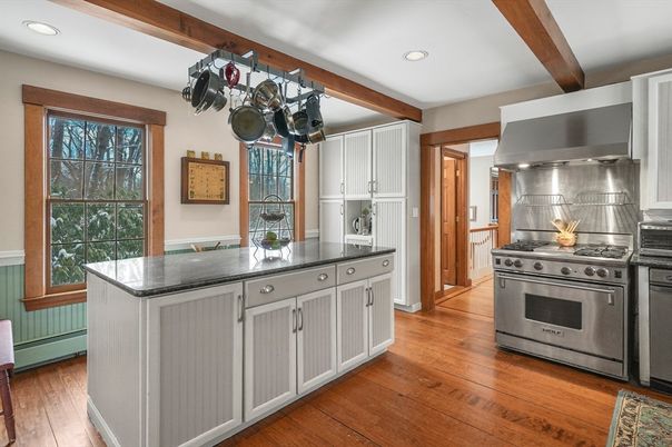 Interior, Kitchen, Recessed Lighting, Stainless Steel Appliances, Wooden Beams, Wood Texture Flooring