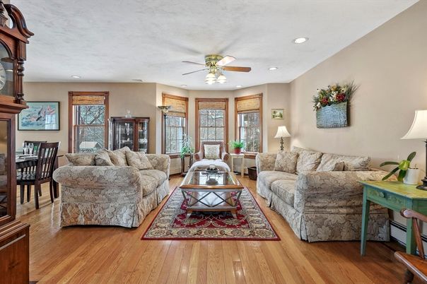 Dining room, Fireplace, Interior, Living room, Recessed Lighting, Wood Texture Flooring