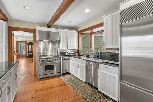 Interior, Kitchen, Recessed Lighting, Stainless Steel Appliances, Wooden Beams, Wood Texture Flooring
