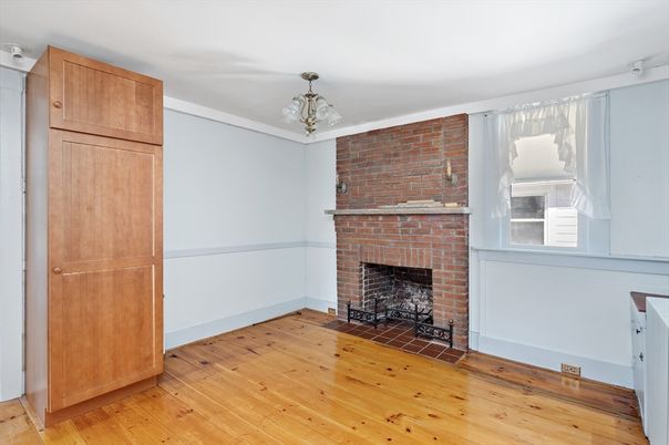 Empty room, Fireplace, Interior, Stone Walls, Wood Texture Flooring