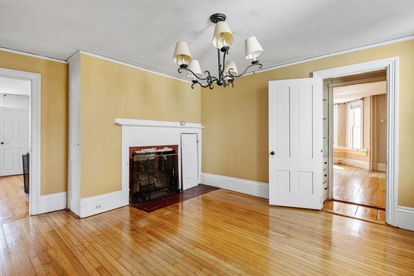 Chandelier, Empty room, Fireplace, Interior, Wood Texture Flooring