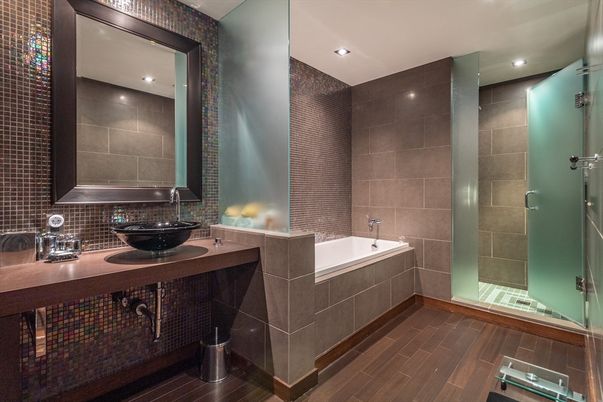 Bathroom, Dual Sink Vanities, Interior, Recessed Lighting, Wood Texture Flooring