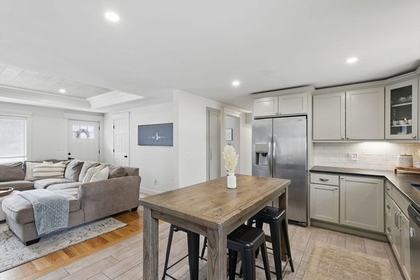 Dining room, Interior, Kitchen, Living room, Recessed Lighting, Stainless Steel Appliances, Wood Texture Flooring