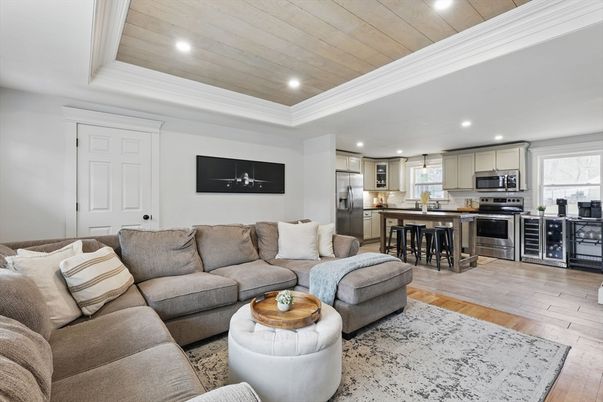 Interior, Kitchen, Living room, Pendant Lights, Recessed Lighting, Stainless Steel Appliances, Wooden Ceilings, Wood Texture Flooring