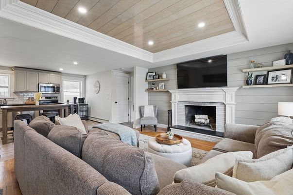 Fireplace, Interior, Kitchen, Living room, Recessed Lighting, Wooden Ceilings, Wood Texture Flooring