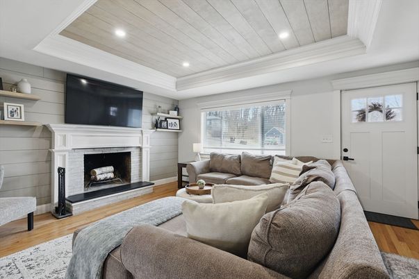 Fireplace, Interior, Living room, Recessed Lighting, Wood Texture Flooring