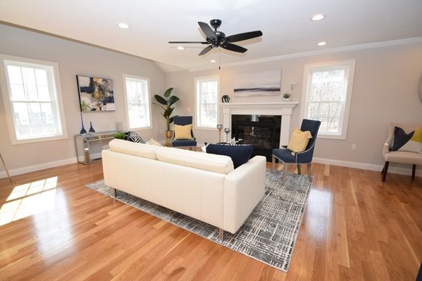 Fireplace, Interior, Living room, Recessed Lighting, Wood Texture Flooring