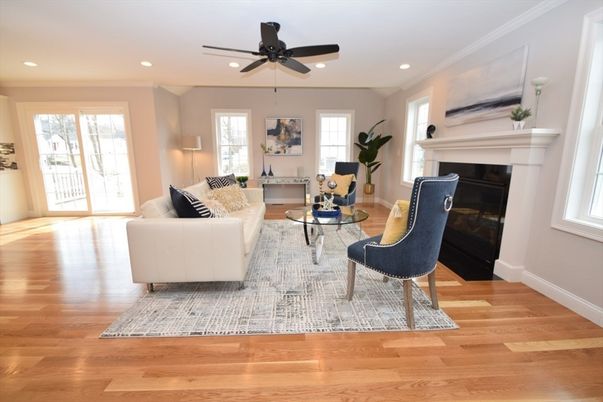 Fireplace, Interior, Living room, Recessed Lighting, Wood Texture Flooring
