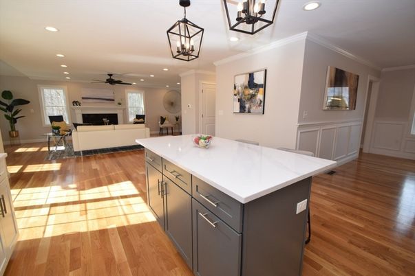 Fireplace, Interior, Kitchen, Living room, Pendant Lights, Recessed Lighting, Wood Texture Flooring