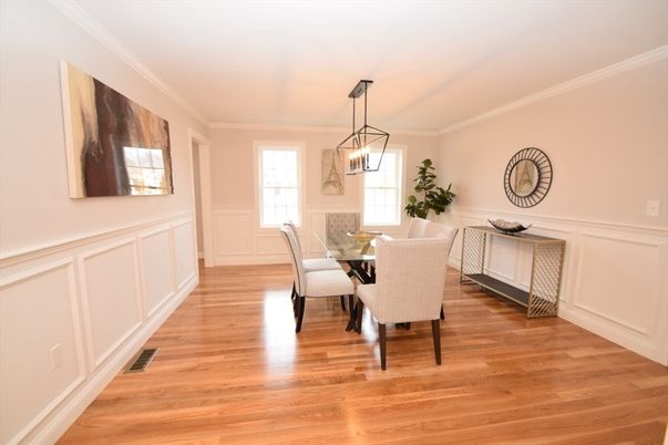 Dining room, Interior, Pendant Lights, Wood Texture Flooring