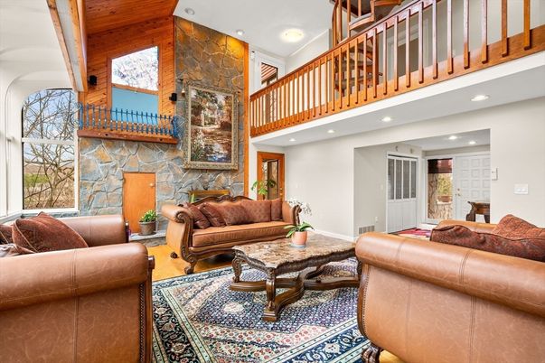 Fireplace, Interior, Living room, Recessed Lighting, Stone Walls, Wooden Ceilings, Wood Texture Flooring