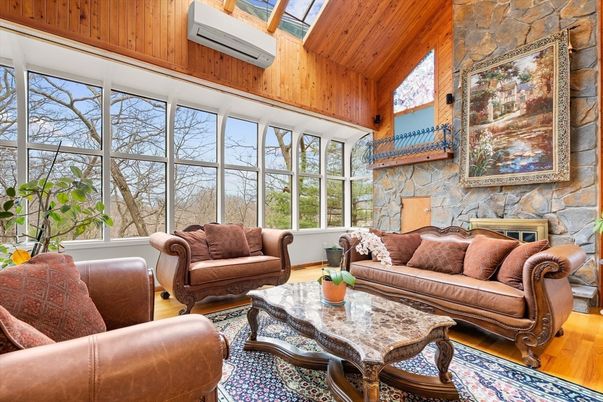 Fireplace, Interior, Living room, Stone Walls, Sun Room, Wooden Ceilings, Wood Texture Flooring, Wooden Walls