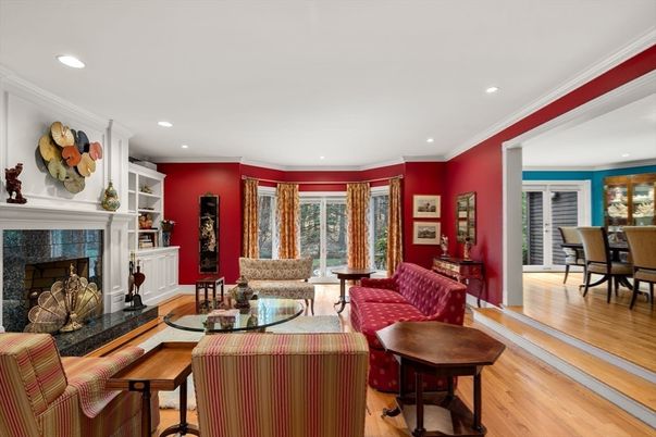Dining room, Fireplace, Interior, Living room, Recessed Lighting, Wood Texture Flooring
