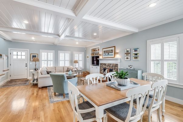 Dining room, Fireplace, Interior, Living room, Recessed Lighting, Wood Texture Flooring