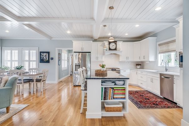 Dining room, Interior, Kitchen, Pendant Lights, Recessed Lighting, Stainless Steel Appliances, Wood Texture Flooring