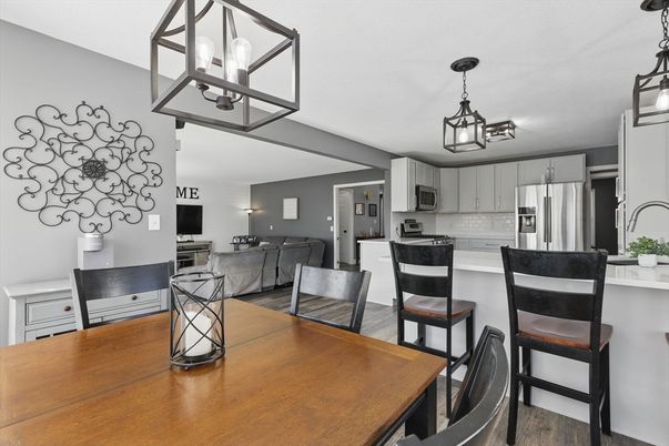 Dining room, Interior, Kitchen, Living room, Pendant Lights, Stainless Steel Appliances, Wood Texture Flooring