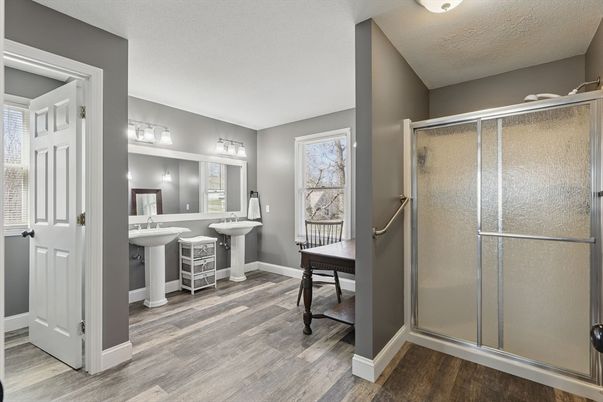 Bathroom, Glass Shower, Interior, Wood Texture Flooring