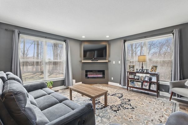 Fireplace, Interior, Living room, Recessed Lighting, Wood Texture Flooring