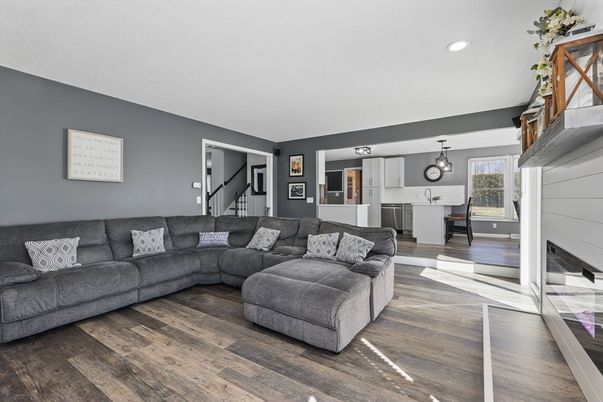 Dining room, Fireplace, Interior, Kitchen, Living room, Pendant Lights, Recessed Lighting, Wood Texture Flooring