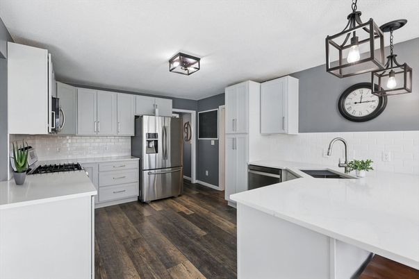 Interior, Kitchen, Pendant Lights, Stainless Steel Appliances, Wood Texture Flooring