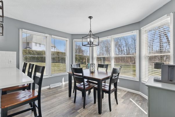 Dining room, Interior, Pendant Lights, Wood Texture Flooring