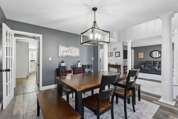 Dining room, Interior, Pendant Lights, Wood Texture Flooring