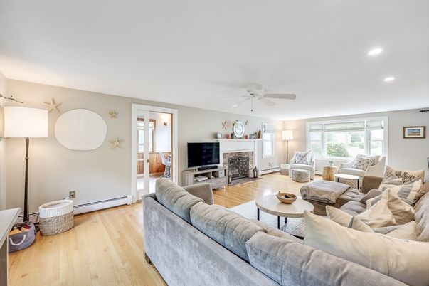 Fireplace, Interior, Living room, Recessed Lighting, Wood Texture Flooring