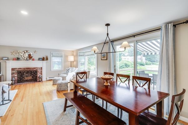 Dining room, Fireplace, Interior, Living room, Pendant Lights, Recessed Lighting, Wood Texture Flooring