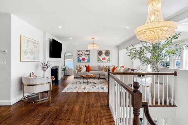 Chandelier, Fireplace, Interior, Living room, Pendant Lights, Recessed Lighting, Wood Texture Flooring