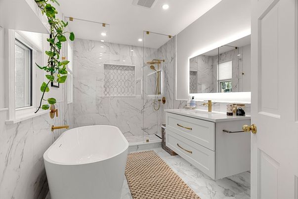 Bathroom, Dual Sink Vanities, Free Standing Baths, Glass Shower, Interior, Marble, Marble Walls, Recessed Lighting