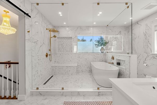 Bathroom, Free Standing Baths, Glass Shower, Interior, Marble, Marble Walls, Recessed Lighting