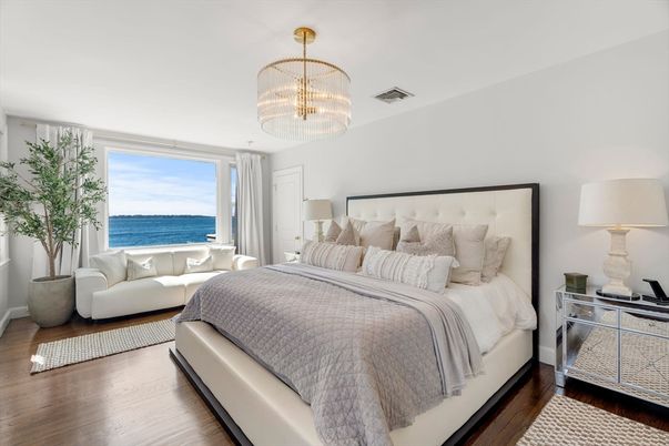 Bedroom, Chandelier, Interior, Water, Wood Texture Flooring