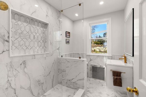 Bathroom, Glass Shower, Interior, Marble, Marble Walls, Recessed Lighting