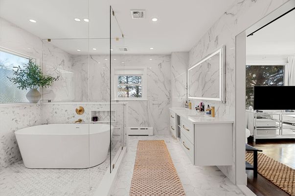 Bathroom, Dual Sink Vanities, Free Standing Baths, Glass Shower, Interior, Marble, Marble Walls, Recessed Lighting