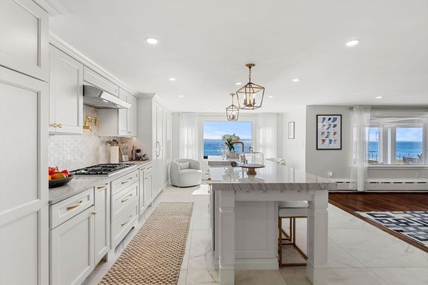 Dining room, Interior, Kitchen, Marble, Pendant Lights, Recessed Lighting, Stainless Steel Appliances, Water