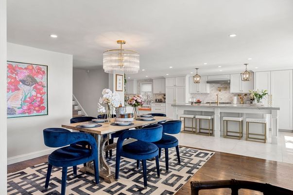 Chandelier, Dining room, Interior, Kitchen, Pendant Lights, Recessed Lighting, Stainless Steel Appliances, Wood Texture Flooring