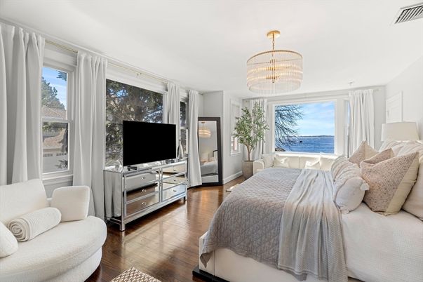 Bedroom, Chandelier, Interior, Water, Wood Texture Flooring