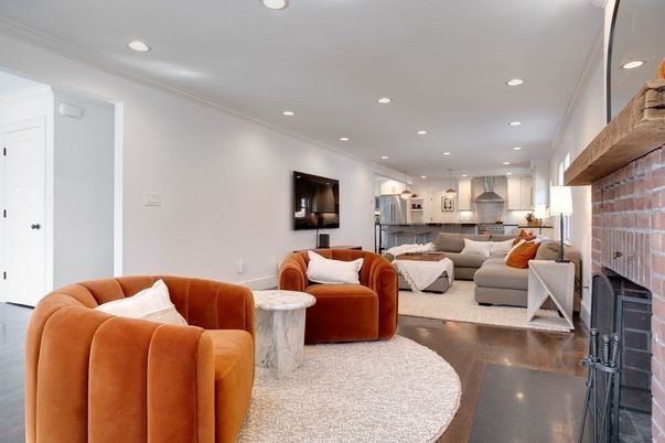 Fireplace, Interior, Kitchen, Living room, Recessed Lighting, Stainless Steel Appliances, Stone Walls, Wood Texture Flooring