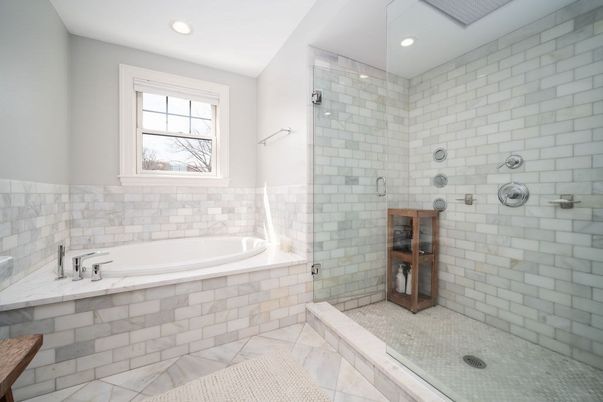 Bathroom, Glass Shower, Interior, Marble, Recessed Lighting