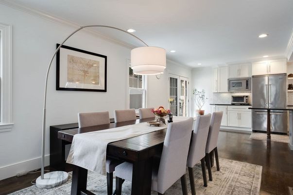 Dining room, Interior, Kitchen, Recessed Lighting, Stainless Steel Appliances, Wood Texture Flooring