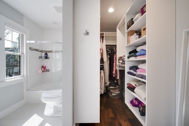 Bathroom, Glass Shower, Interior, Recessed Lighting, Walk-in Closets, Wood Texture Flooring