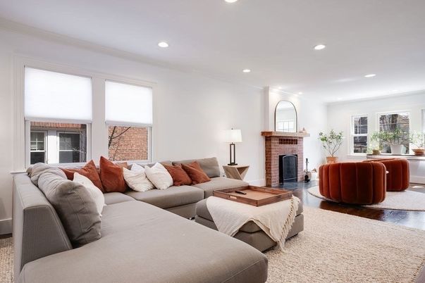 Fireplace, Interior, Living room, Recessed Lighting, Wood Texture Flooring